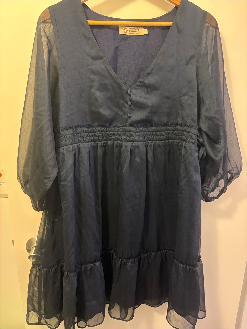 Navy V-Neck Smocked Waist Chiffon Dress